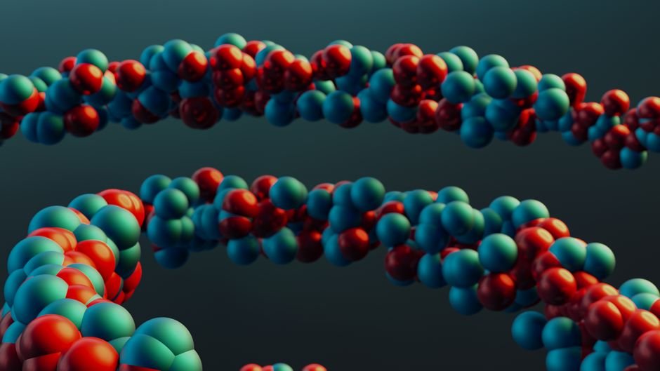 A close-up 3D render of a molecular structure